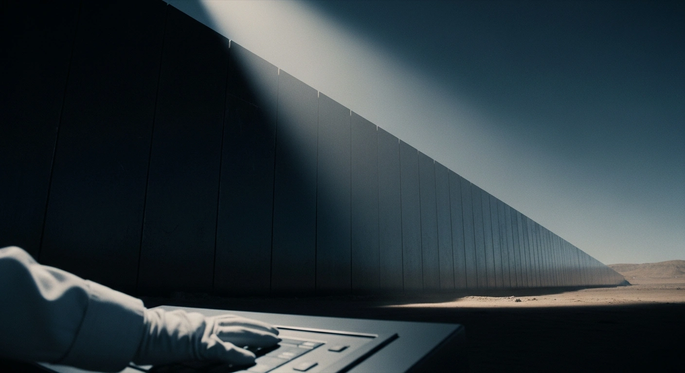 A stark, towering metallic barrier under harsh spotlight, with a gloved hand on a control console in the foreground, symbolizing Saudi Arabia's strict ban on poultry and egg imports from 40 countries due to avian influenza and other animal diseases, aimed at safeguarding public health.
