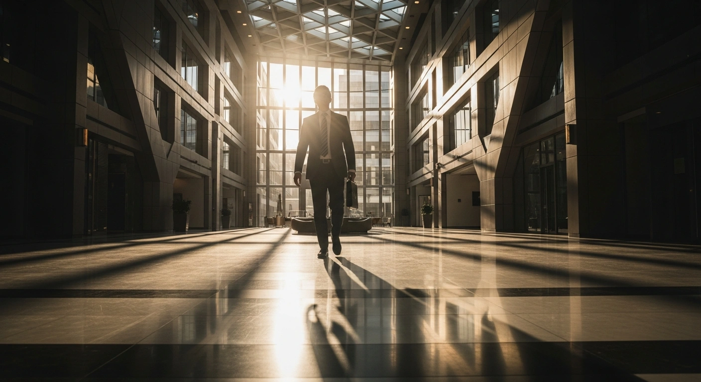 A professional in a business suit walks through a modern office building in Saudi Arabia, representing the new work permit requirements for Premium Residency holders.
