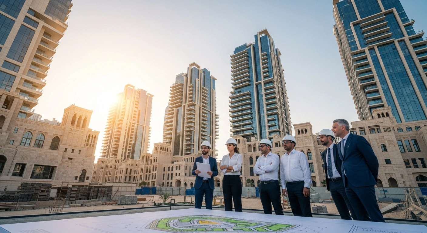 Private investors and architects review development plans at a modern housing construction site on government land in Saudi Arabia.