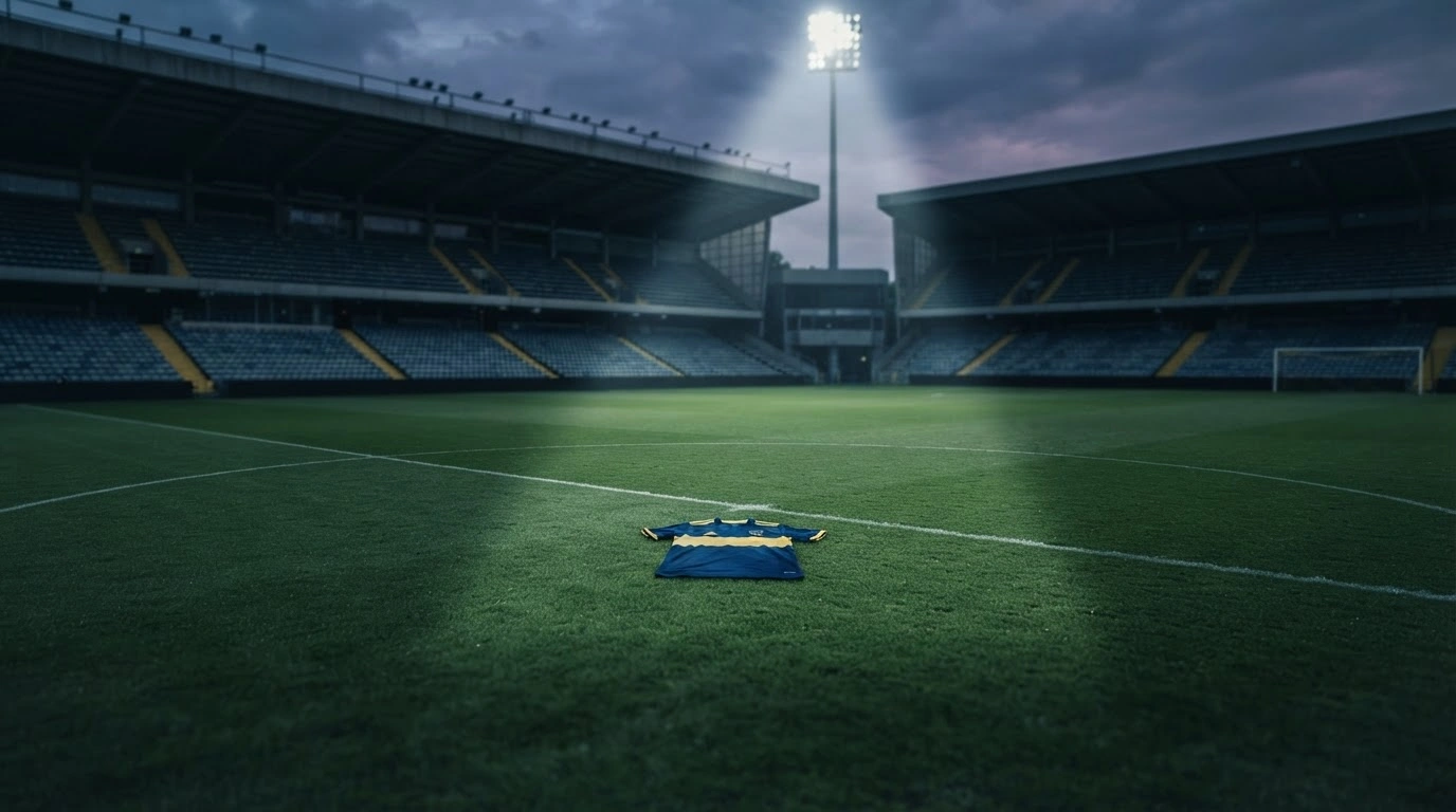 An empty Saudi Pro League football stadium is illuminated by floodlights after the postponement of matches due to security concerns.