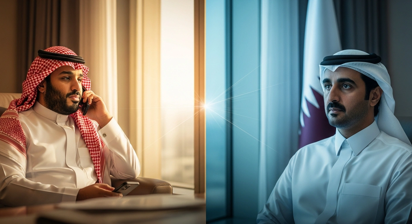 A split-screen composition shows Saudi Crown Prince Mohammed bin Salman and Qatar's Emir Sheikh Tamim bin Hamad Al Thani in their respective opulent offices, engaged in a phone call to discuss strengthening bilateral relations and reviewing regional and international developments, symbolizing ongoing diplomatic engagement between the two Gulf nations.