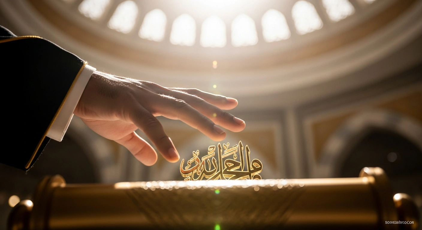 A close-up image depicts a hand reaching towards a shimmering, golden-hued scroll or symbolic award, set against a blurred background of opulent Islamic architecture, representing the increased SR9 million prize money for the King Salman bin Abdulaziz Award for Holy Quran Memorization, Recitation and Interpretation in Saudi Arabia.