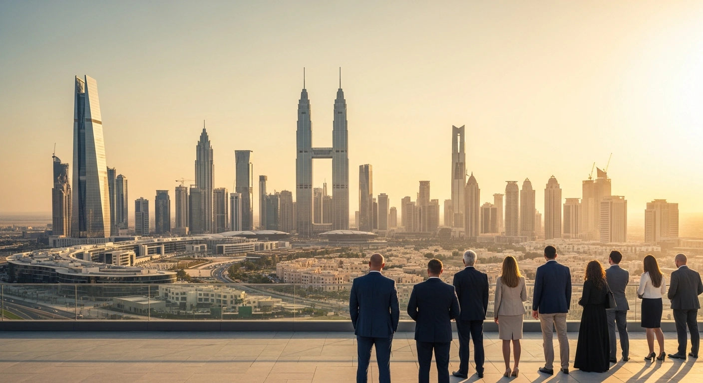 A wide, cinematic shot at sunset captures a modern Saudi Arabian cityscape featuring contemporary skyscrapers and traditional buildings, with a diverse group of international business professionals observing the urban development, reflecting Saudi Arabia's new legal framework from January 2026 allowing foreigners to own residential, commercial, industrial, and agricultural real estate as part of Vision 2030 to attract foreign investment and diversify its economy.