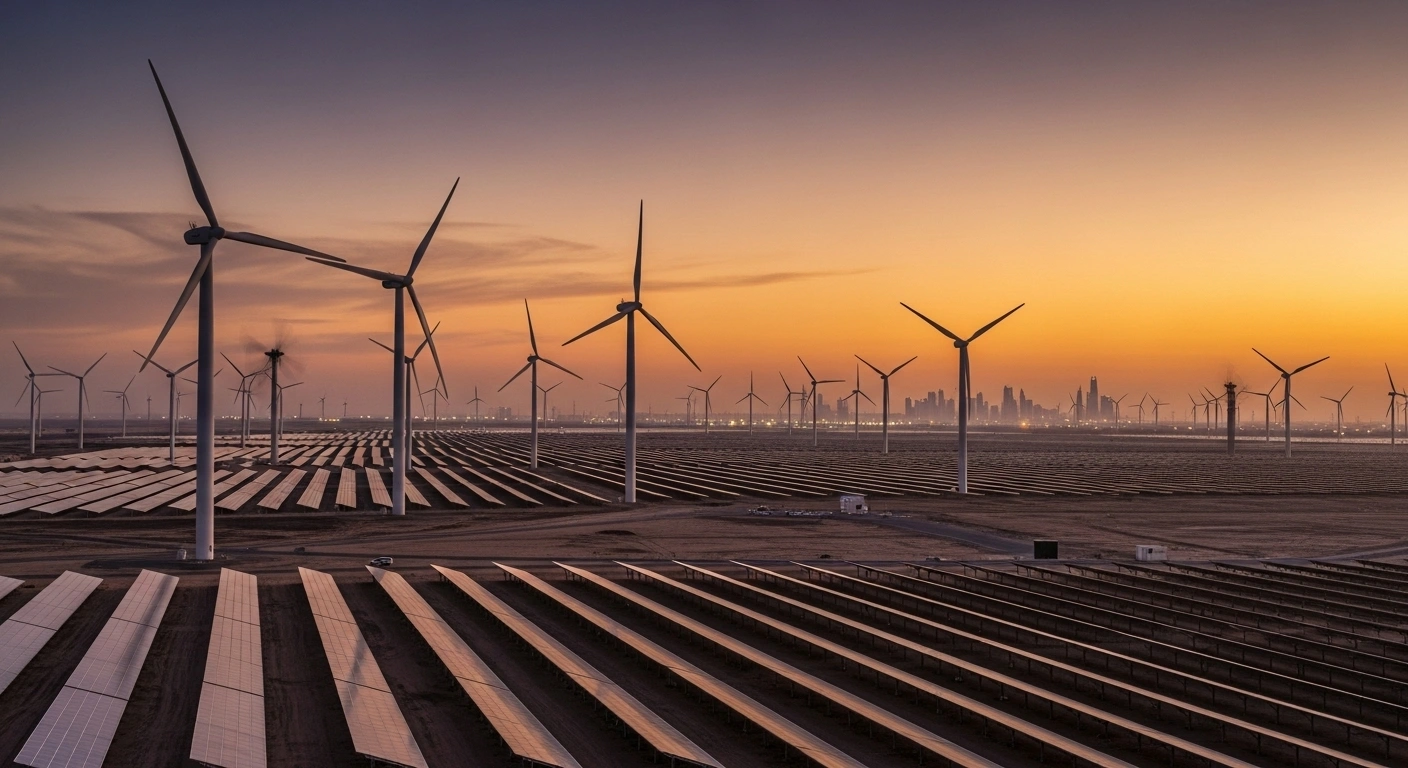 A wide shot of a vast Saudi Arabian desert landscape at magic hour, showcasing numerous modern wind turbines and extensive rows of solar panels under an orange and purple sky, representing the 4.5 GW renewable energy projects and Saudi Arabia's Vision 2030 commitment.