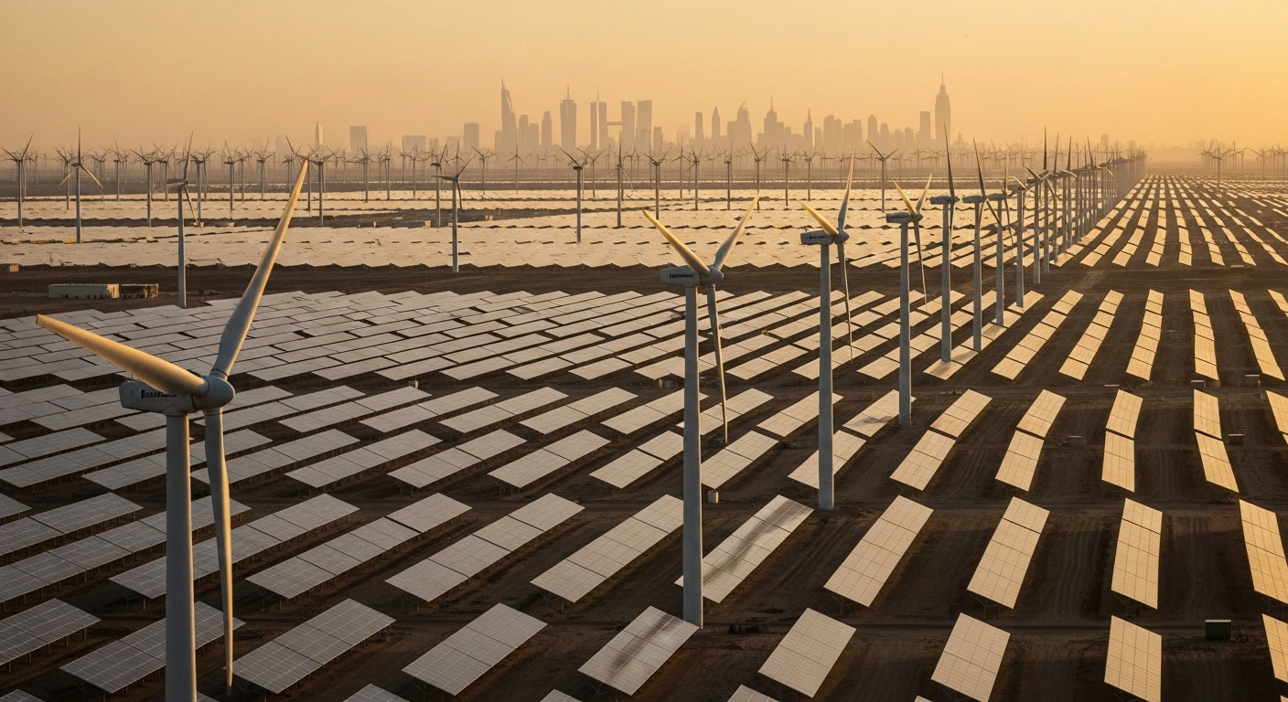 A wide shot at dawn over a vast Saudi Arabian desert showing endless rows of gleaming solar panels and towering wind turbines, symbolizing the financial close of ACWA Power, Badeel, and SAPCO's seven large-scale renewable energy projects totaling 15 GW, including five solar PV and two wind farms, advancing Saudi Arabia's Vision 2030.
