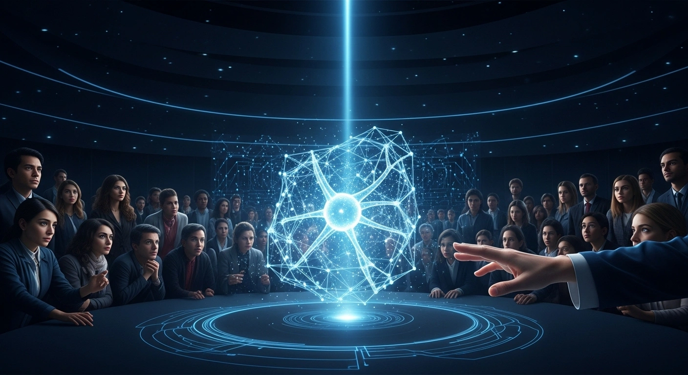 A holographic projection of a complex, slightly distorted neural network glows in a futuristic auditorium, observed by a diverse global assembly, with a human hand reaching into a focused beam of light towards the projection, symbolizing the global dialogue on ethical artificial intelligence and responsible AI, including deepfakes, as championed by entities like the Saudi Data and AI Authority.