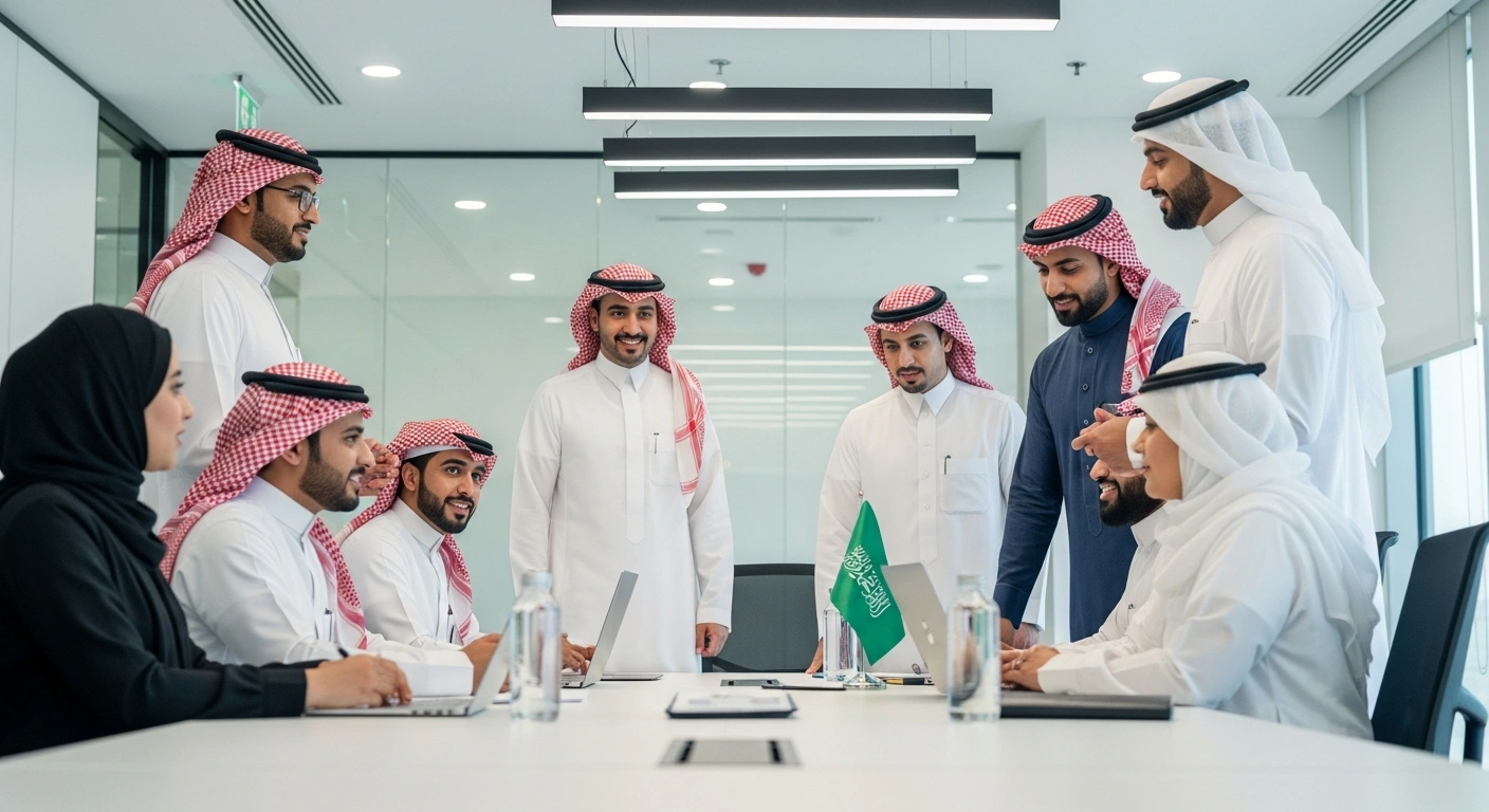 A diverse group of Saudi professionals, including men and women in traditional and modern business attire, collaborate in a sun-drenched, modern office, symbolizing increased Saudization rates for engineering and procurement roles in Saudi Arabia.