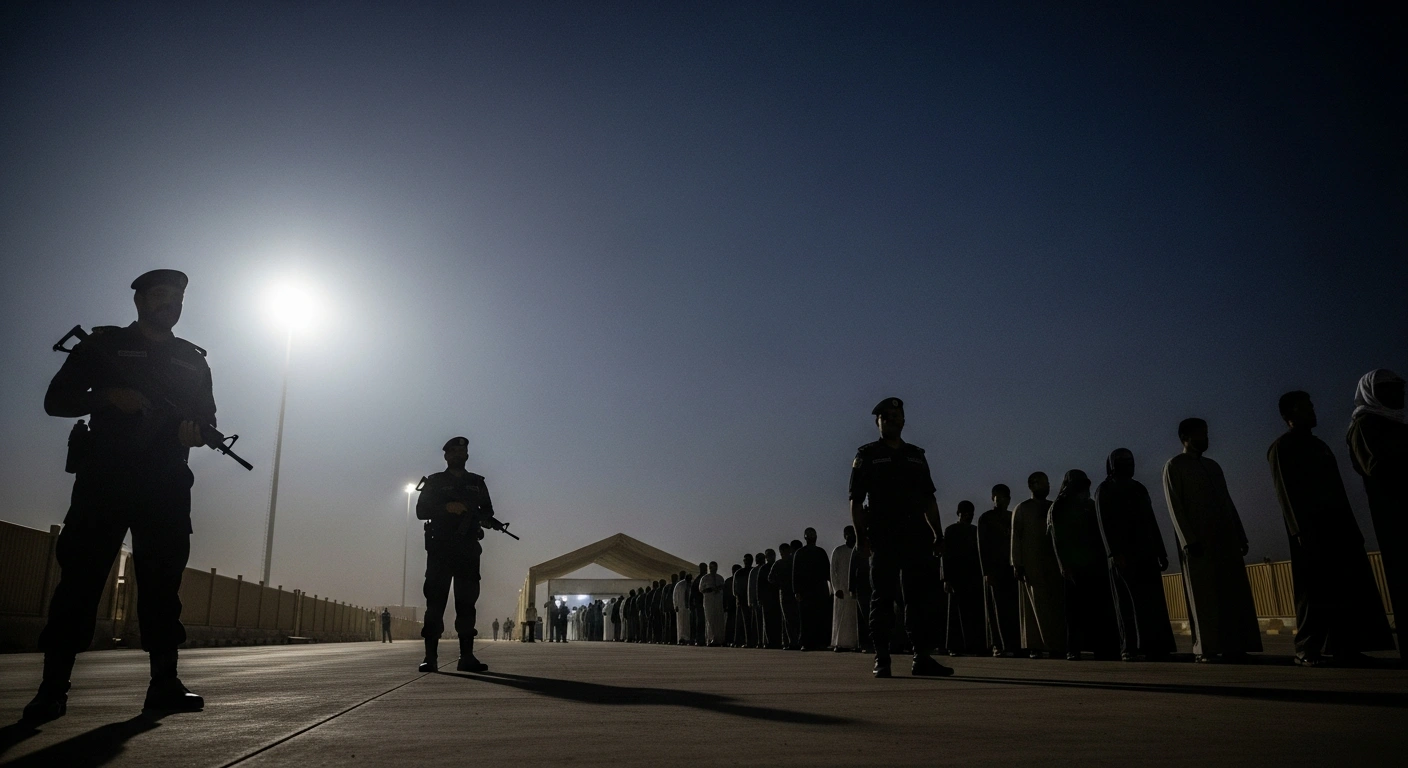 A wide, low-angle shot shows several Saudi security personnel silhouetted against pre-dawn light, overseeing a long line of individuals moving towards a processing area, symbolizing the large-scale arrests of 19,077 people for violating residency, labor, and border laws.