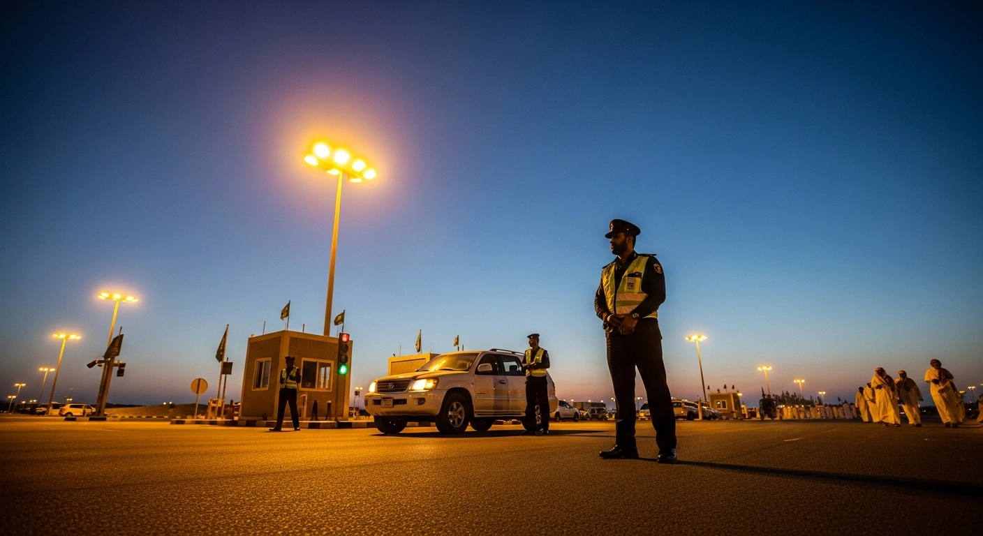 Saudi Arabian security forces monitor a checkpoint to enforce Hajj permit regulations and ensure pilgrim safety.