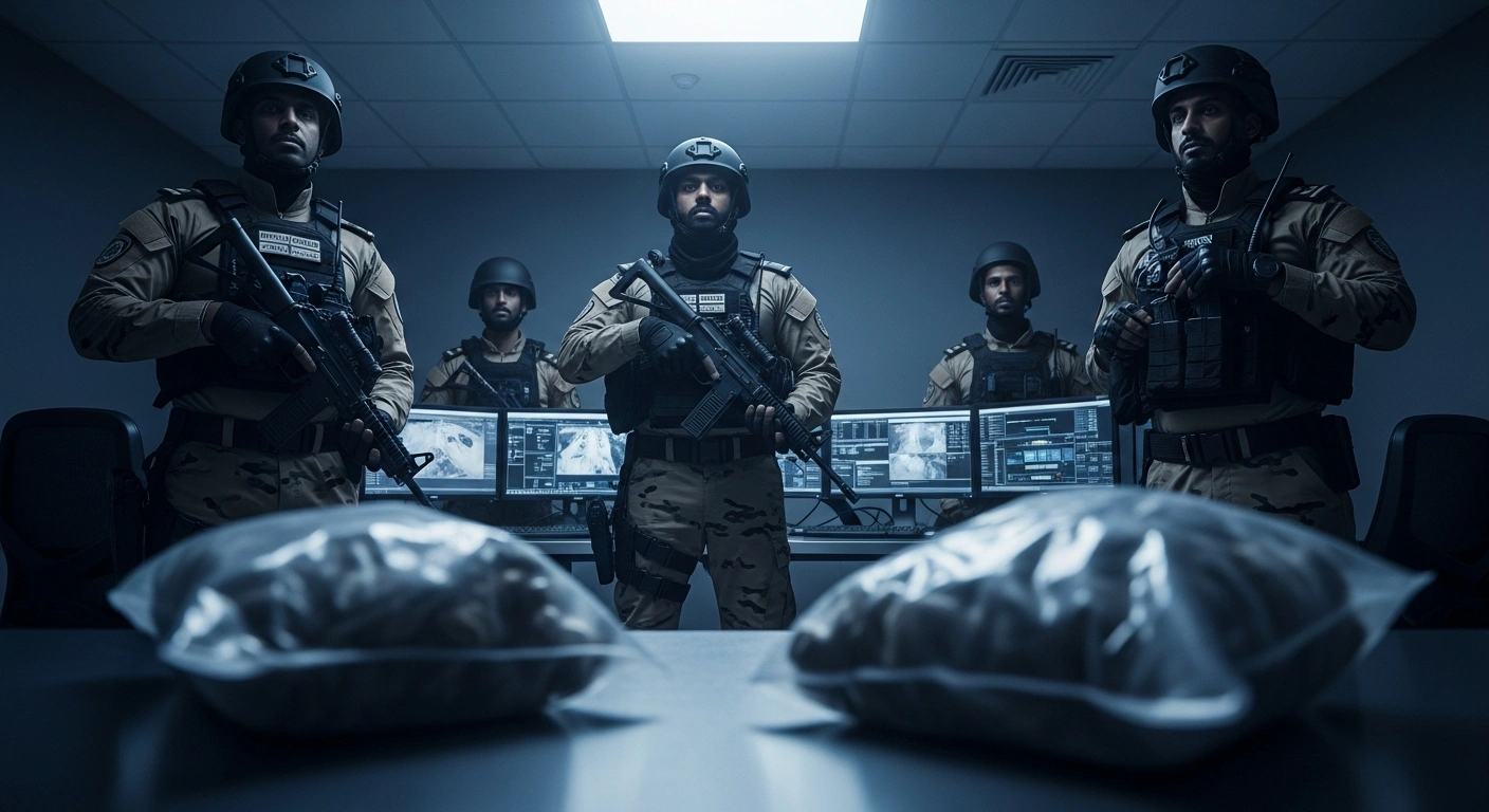 Saudi security forces stand in a tactical command center following a successful operation to seize illicit substances in the Riyadh region.