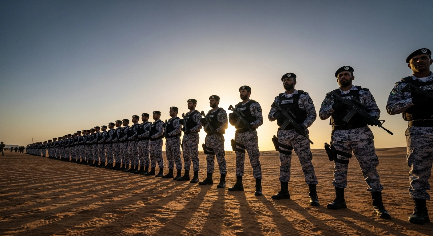 Saudi Arabian security forces conduct a nationwide field campaign to enforce residency and border security regulations in a desert environment.