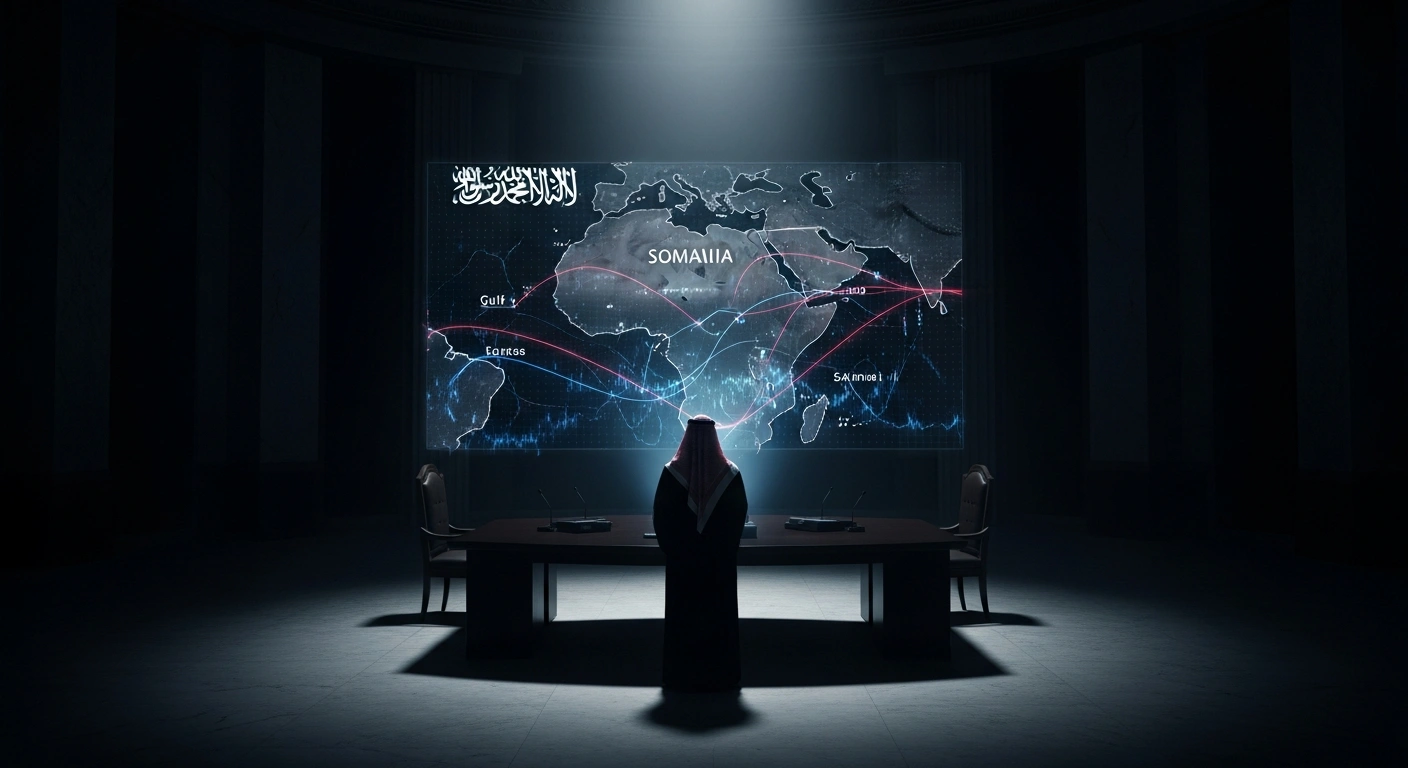 A silhouetted figure representing Saudi Arabia stands before a holographic map of the Red Sea and Gulf of Aden, highlighting the Horn of Africa, symbolizing the Kingdom's confrontation of the Israel-UAE alignment in Somalia and its concerns for regional stability and territorial integrity.