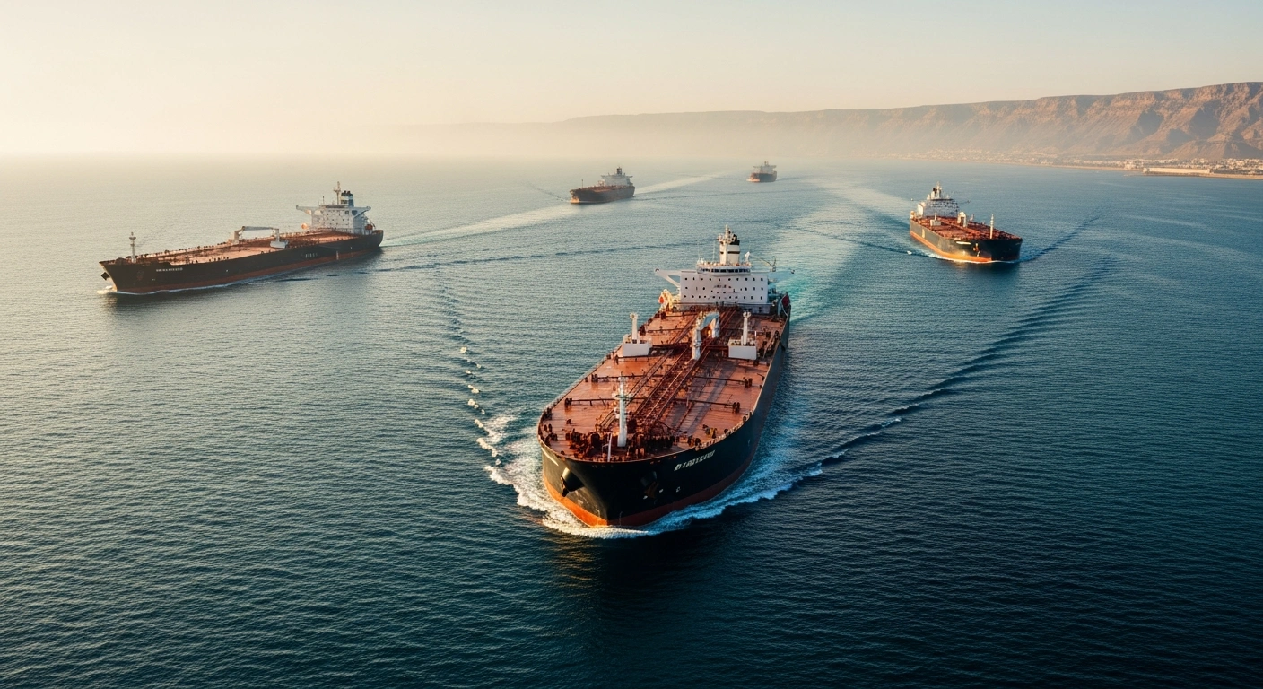 Three large Saudi-flagged supertankers navigate through the Strait of Hormuz during sunset.