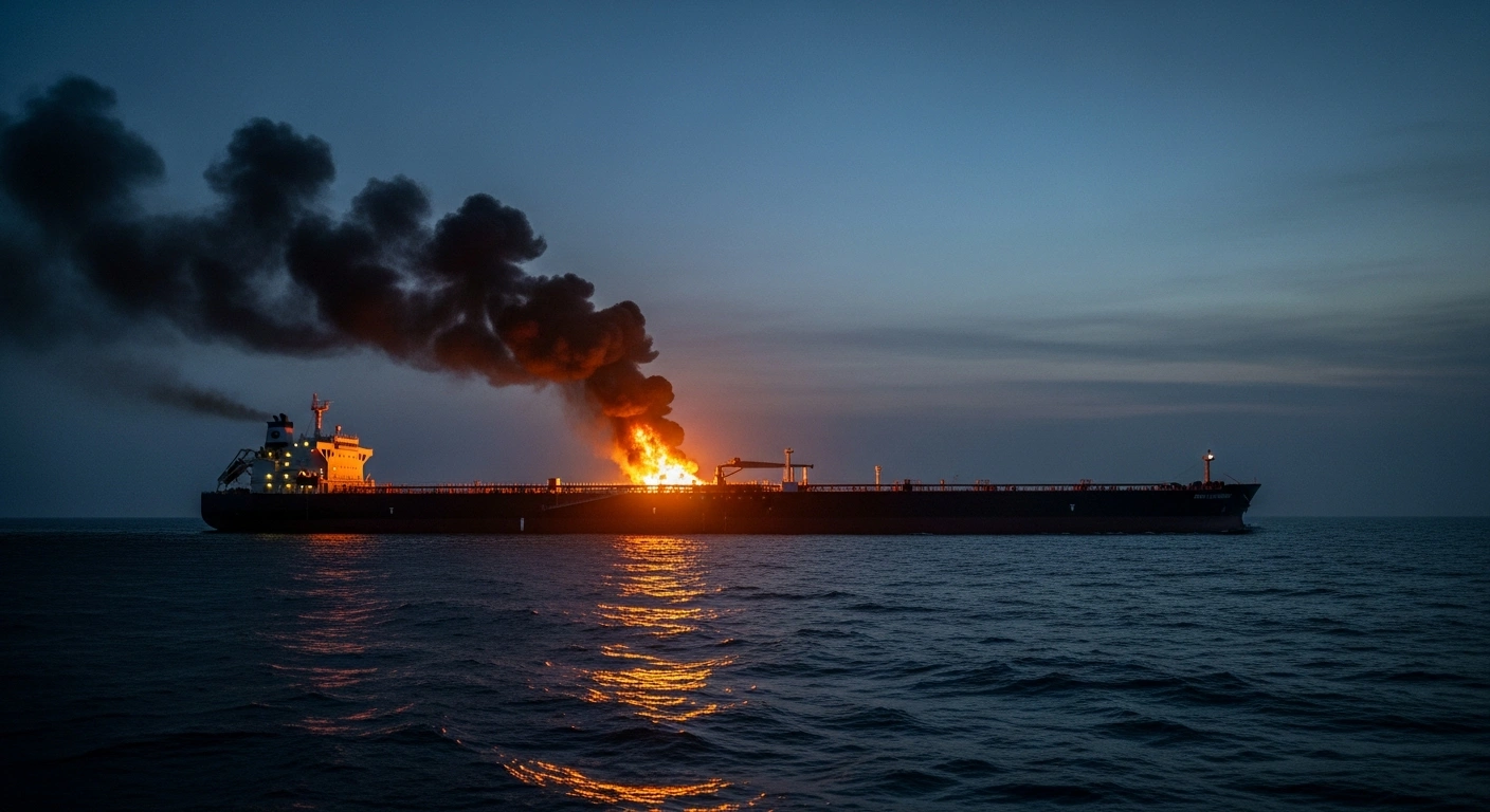 A Saudi-flagged oil tanker burns in the Strait of Hormuz following an attack that has increased regional tensions.