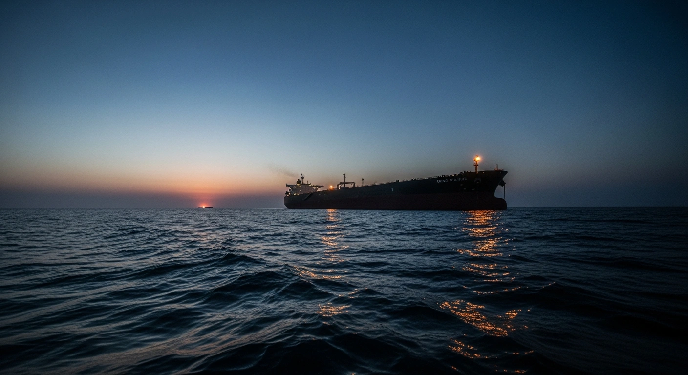 A large Saudi-flagged oil tanker sails through the dark waters of the Strait of Hormuz following an attack that has heightened regional tensions.