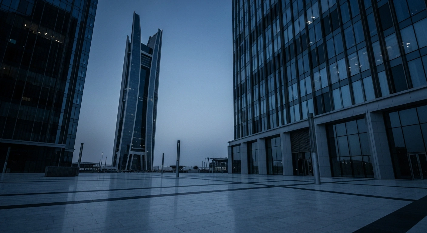 A modern financial building in Saudi Arabia stands under a dim twilight sky, representing the recent decline of the TASI stock market index.