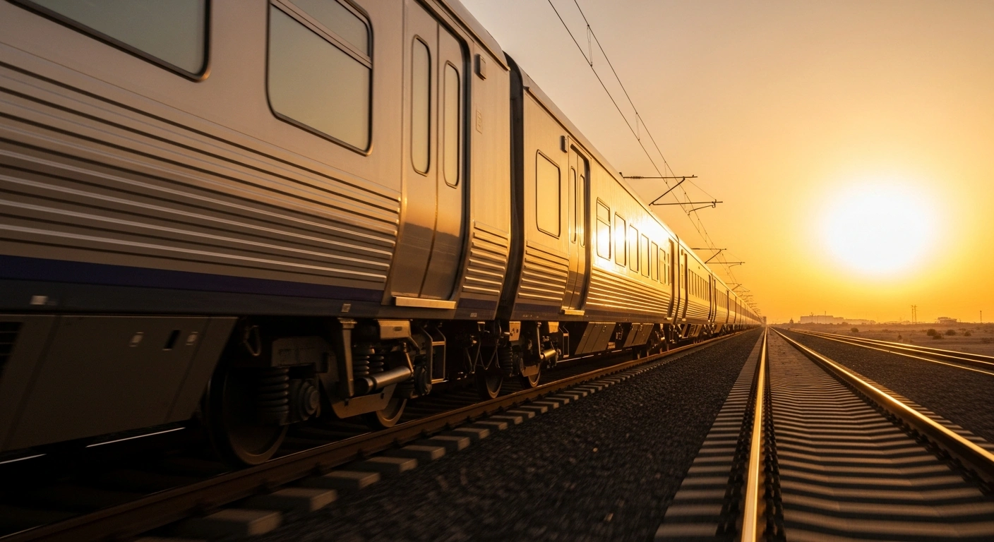 A sleek, modern passenger train, representing the Saudi Arabian Railway Company's new fleet, speeds across a vast desert landscape at sunset, symbolizing the planned tripling of operational capacity and increase to over 2.4 million annual seating on its Northern Network, aligning with Saudi Vision 2030.
