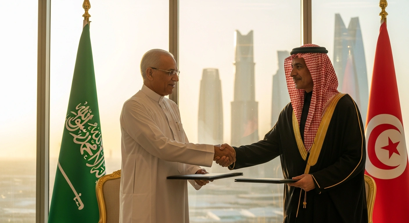 Two distinguished representatives, one from Saudi Arabia and one from Tunisia, are seen shaking hands firmly in a formal setting, symbolizing the signing of agreements to bolster cooperation across various sectors during their Joint Committee session in Riyadh.