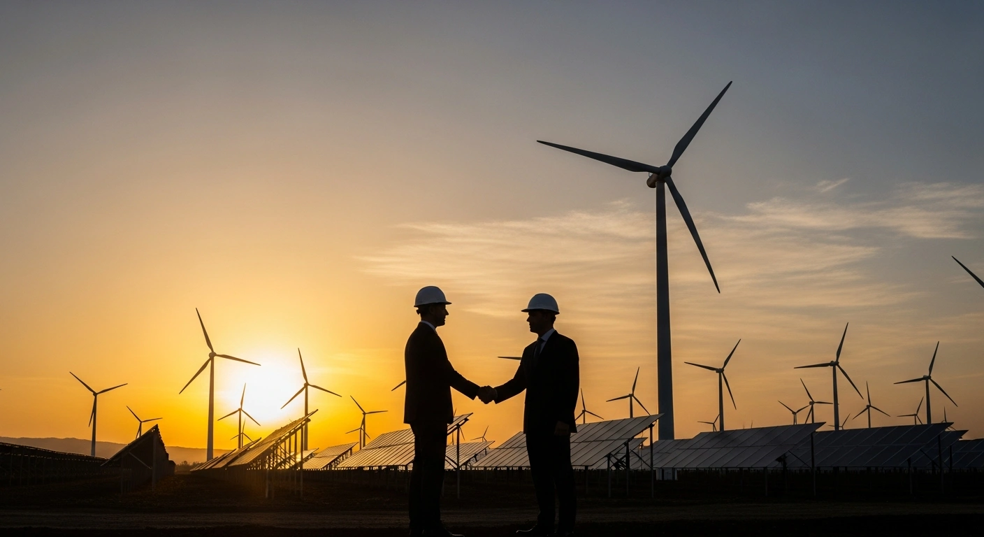 A wide shot at golden hour shows a vast landscape of solar panels and wind turbines, with two silhouetted figures shaking hands in the foreground, symbolizing the $2 billion renewable energy agreement between Saudi Arabia and Türkiye to develop 5,000 megawatts of solar and wind capacity in Türkiye.