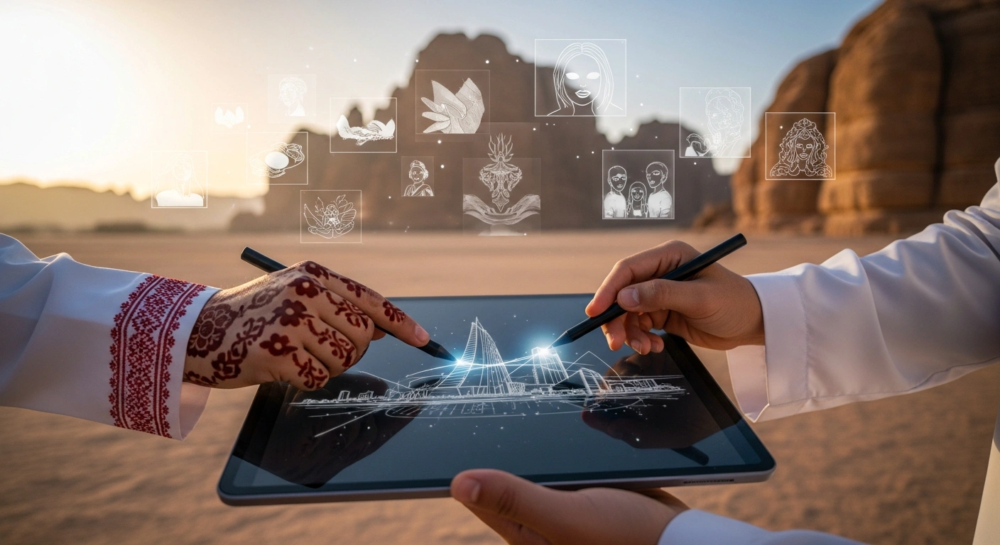 Two hands, one with intricate Saudi patterns and one modern, are collaboratively sketching a futuristic architectural design on a digital tablet, set against a backdrop of ancient AlUla rock formations and holographic art, symbolizing the strengthening collaboration between Saudi Arabia and the UK in the creative economy, cultural heritage, tourism, arts, media, and design, aligning with Saudi Vision 2030.