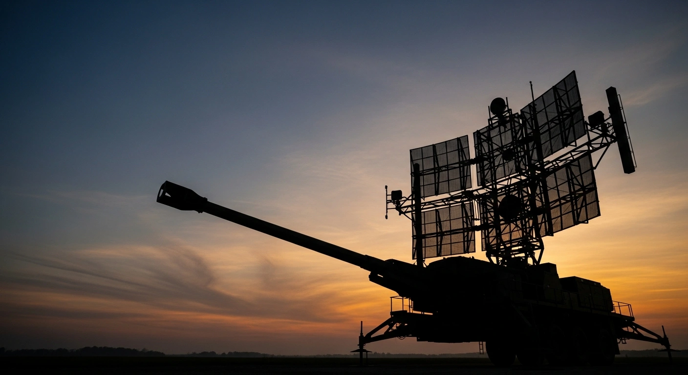 A modern radar array stands against a twilight sky, representing the potential defense cooperation and air defense discussions between Saudi Arabia and Ukraine.