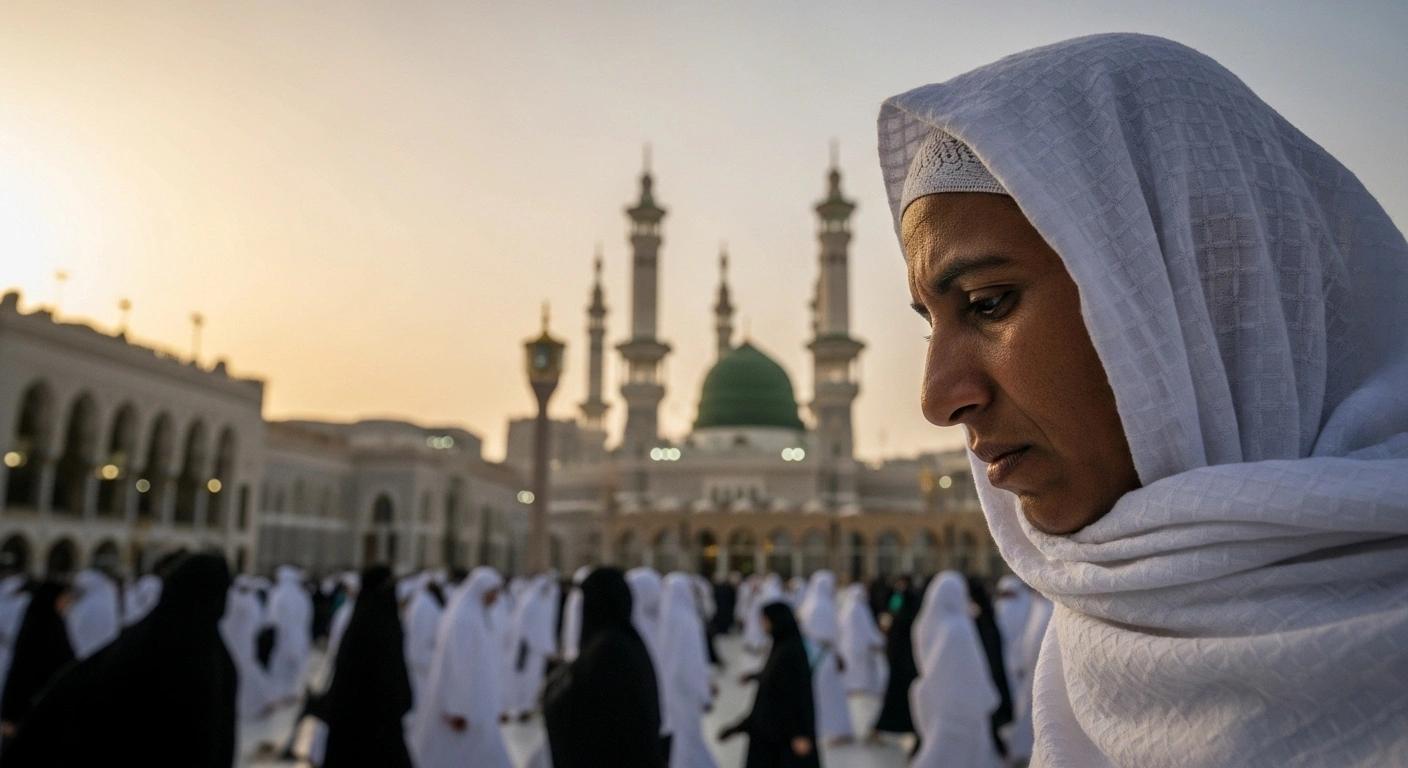 A pilgrim stands in contemplation before the softly illuminated Grand Mosque in Saudi Arabia, representing the new Umrah visa regulations that cancel visas 30 days after issuance if pilgrims do not enter the country, affecting pilgrim flow during a record-breaking season.