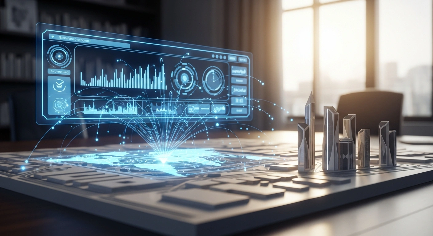 A digital representation of a unified national visa platform interface displayed over a model of a modern Saudi Arabian city to symbolize streamlined travel and business connectivity.