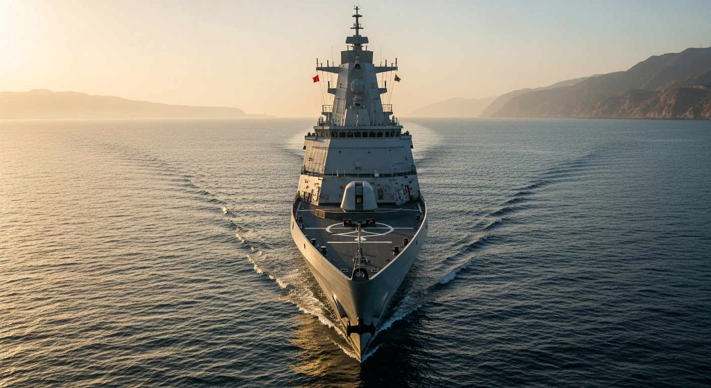 A modern naval ship patrols the Strait of Hormuz during sunset to represent Saudi Arabia and the United States' commitment to regional maritime security.