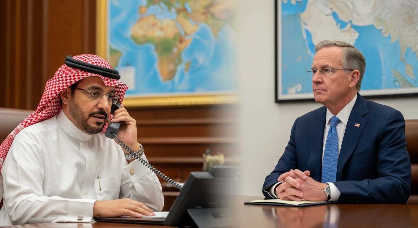 A split-screen image depicts Saudi Foreign Minister Prince Faisal bin Farhan Al Saud in a luxurious office and US Secretary of State Marco Rubio in a modern office, both engaged in a telephone call discussing strategic relations and Middle Eastern stability.