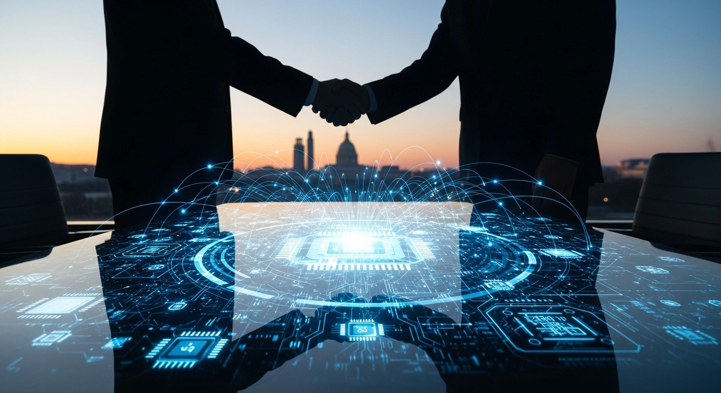 Two silhouetted figures, representing Crown Prince Mohammed bin Salman and a US counterpart, shake hands across a futuristic table reflecting holographic projections of advanced semiconductor technology and global networks, symbolizing negotiations for Saudi Arabia's Vision 2030 goals and multi-billion dollar investments in Washington.