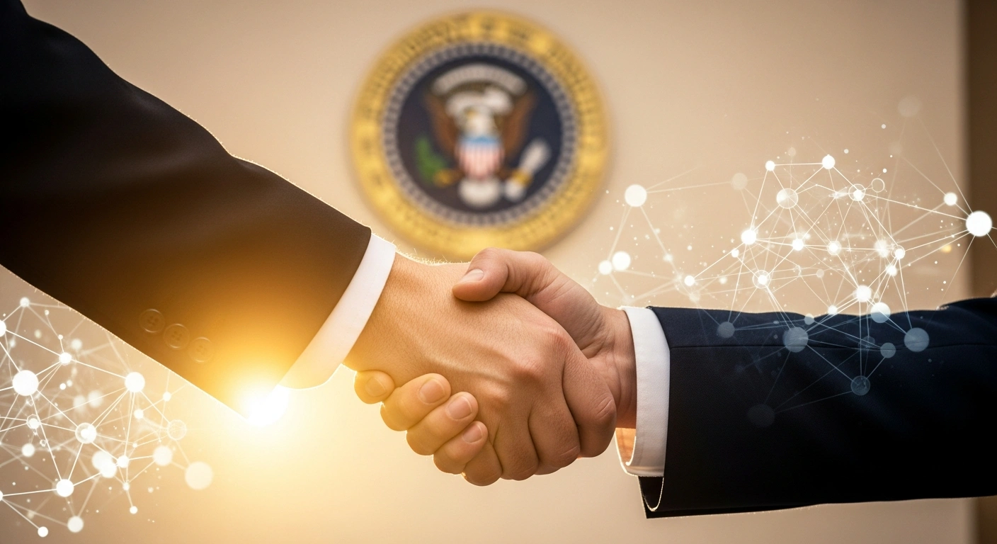 A close-up photograph shows Saudi Crown Prince Mohammed bin Salman and President Donald Trump shaking hands, symbolizing a nearly $1 trillion Saudi investment commitment in the United States targeting sectors like AI, semiconductors, nuclear energy, and critical minerals, with a subtle holographic projection of interconnected nodes in the background.