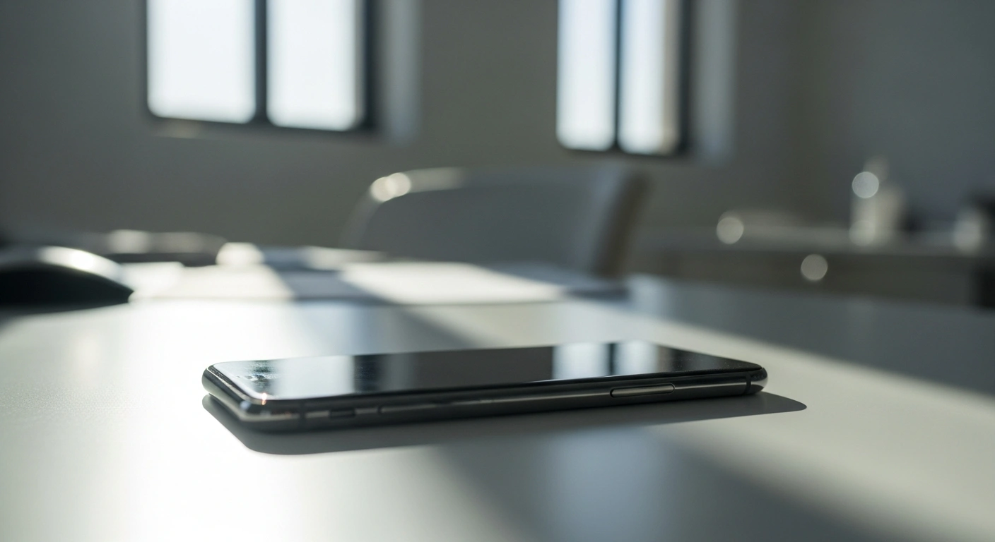 A modern smartphone sits on a desk in a Saudi Arabian office to represent the new 992 inquiry channel for visa status rectification.
