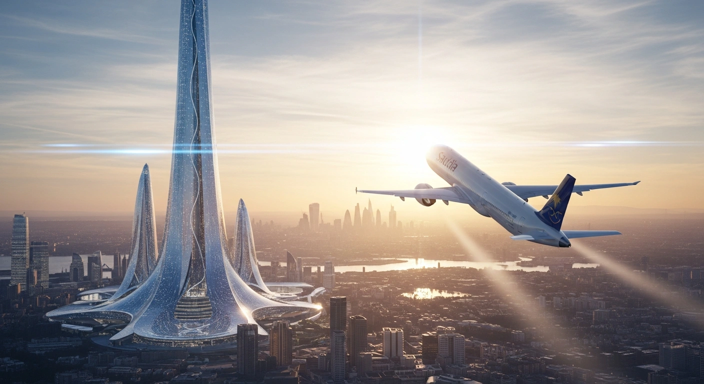 A futuristic Saudi Arabian cityscape, representing giga-projects and Vision 2030 tourism ambitions, is depicted at sunset with a Saudia aircraft flying towards a blurred London skyline, symbolizing Saudi Arabia's participation in World Travel Market 2025 and its target of 150 million visitors.