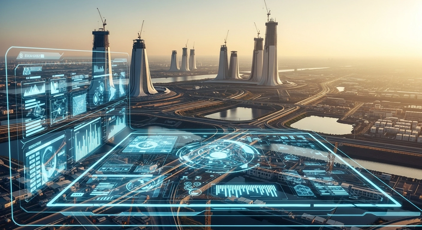 A futuristic cityscape under construction at golden hour, featuring a glowing holographic digital interface displaying project schematics in the foreground, and massive giga-project structures with integrated water infrastructure, representing the Saudi Water Authority's new electronic service for water and sanitation applications and Saudi Vision 2030's digital transformation.