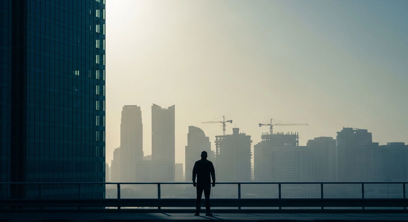 A silhouetted figure stands in a modern office, looking out at a hazy city skyline with inactive construction cranes, representing the uncertainty for businesses and foreign labor in Saudi Arabia after the temporary suspension of work visas.