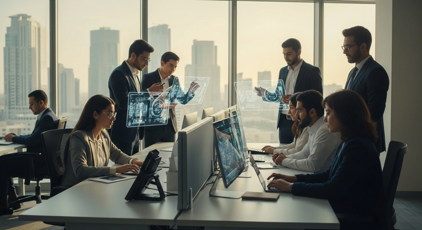 A group of Saudi professionals working in a modern office to represent the expansion of Saudization mandates in the private sector.