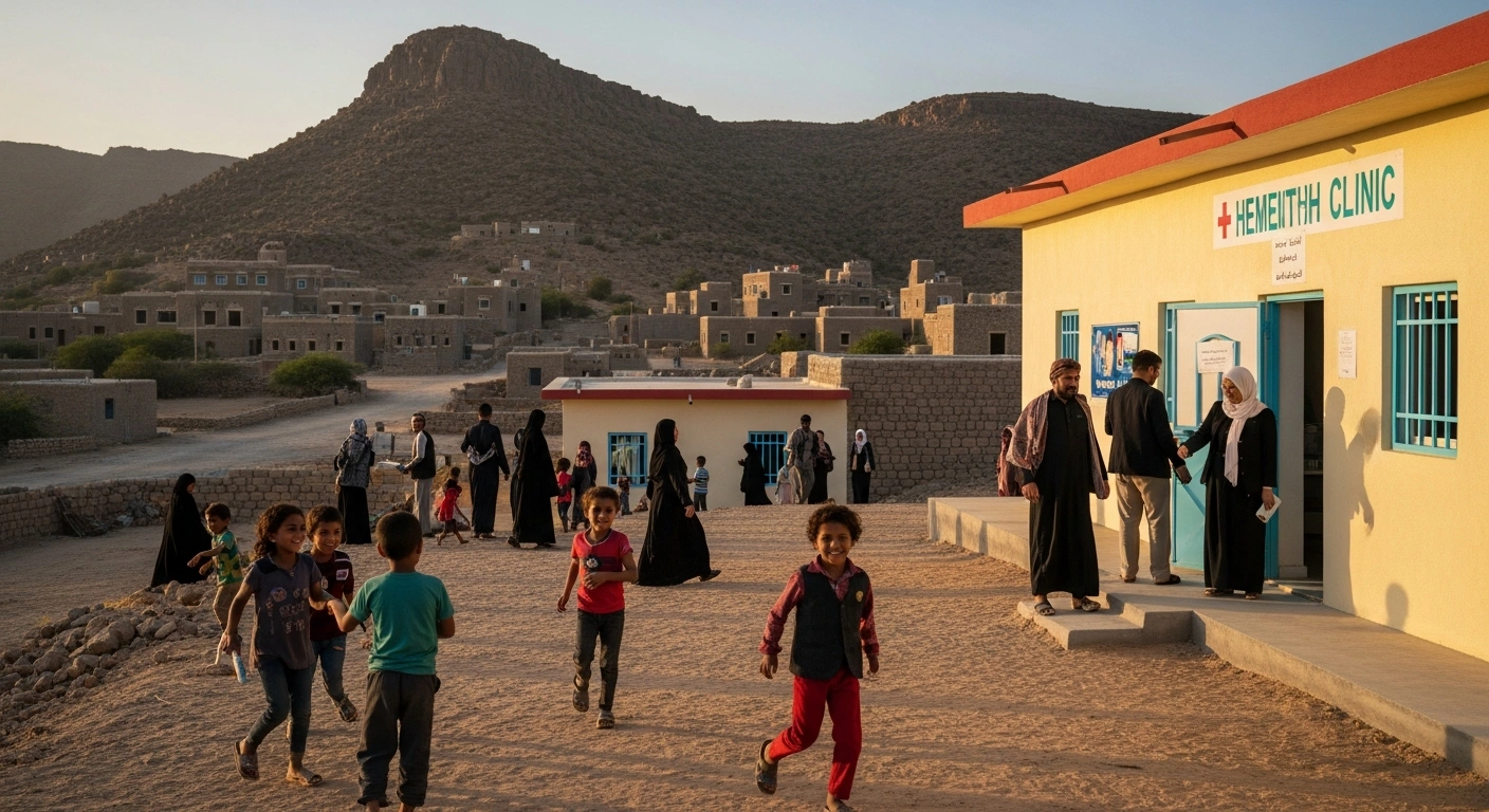 A wide, cinematic shot of a newly renovated community health clinic in a rural Yemeni village during late afternoon, symbolizing the $506 million development aid package from Saudi Arabia for Yemen, with children playing and adults entering the clinic.