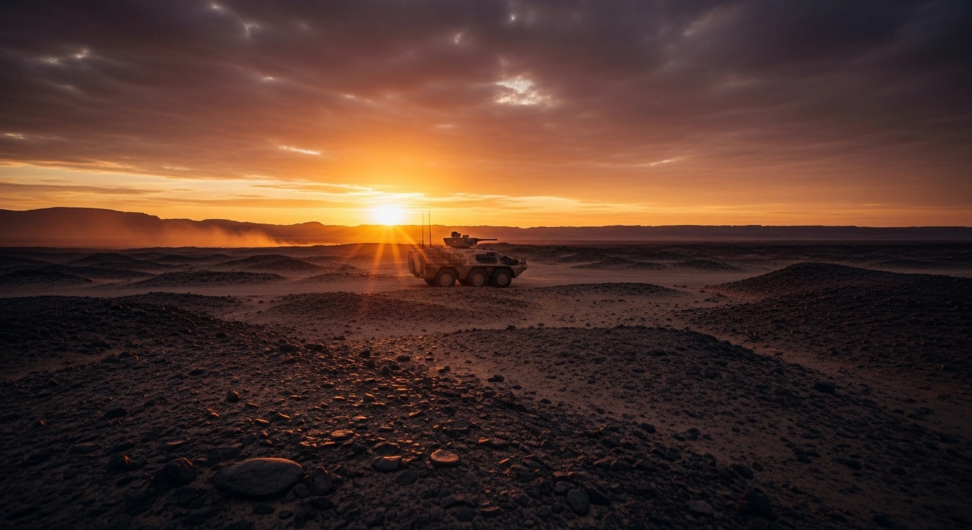 A lone armored military vehicle is silhouetted against a dramatic sunset in a vast, desolate desert landscape, representing the tense situation in eastern Yemen following calls for de-escalation and withdrawal of forces by the Saudi Defense Minister to the Southern Transitional Council (STC).
