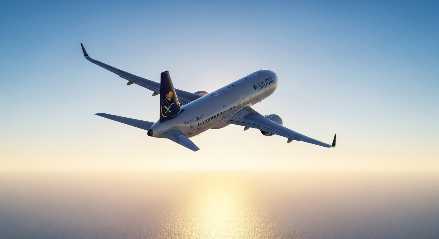 A Saudia passenger airplane flying through a clear sky to represent the resumption of flights to Dubai, Abu Dhabi, and Amman.