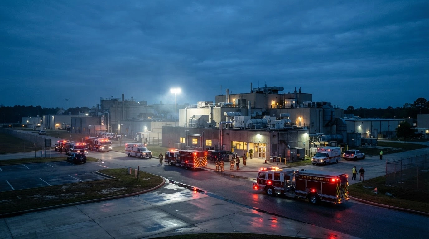 Emergency response vehicles are parked outside the Savannah River National Laboratory in South Carolina following a fire that was quickly extinguished.