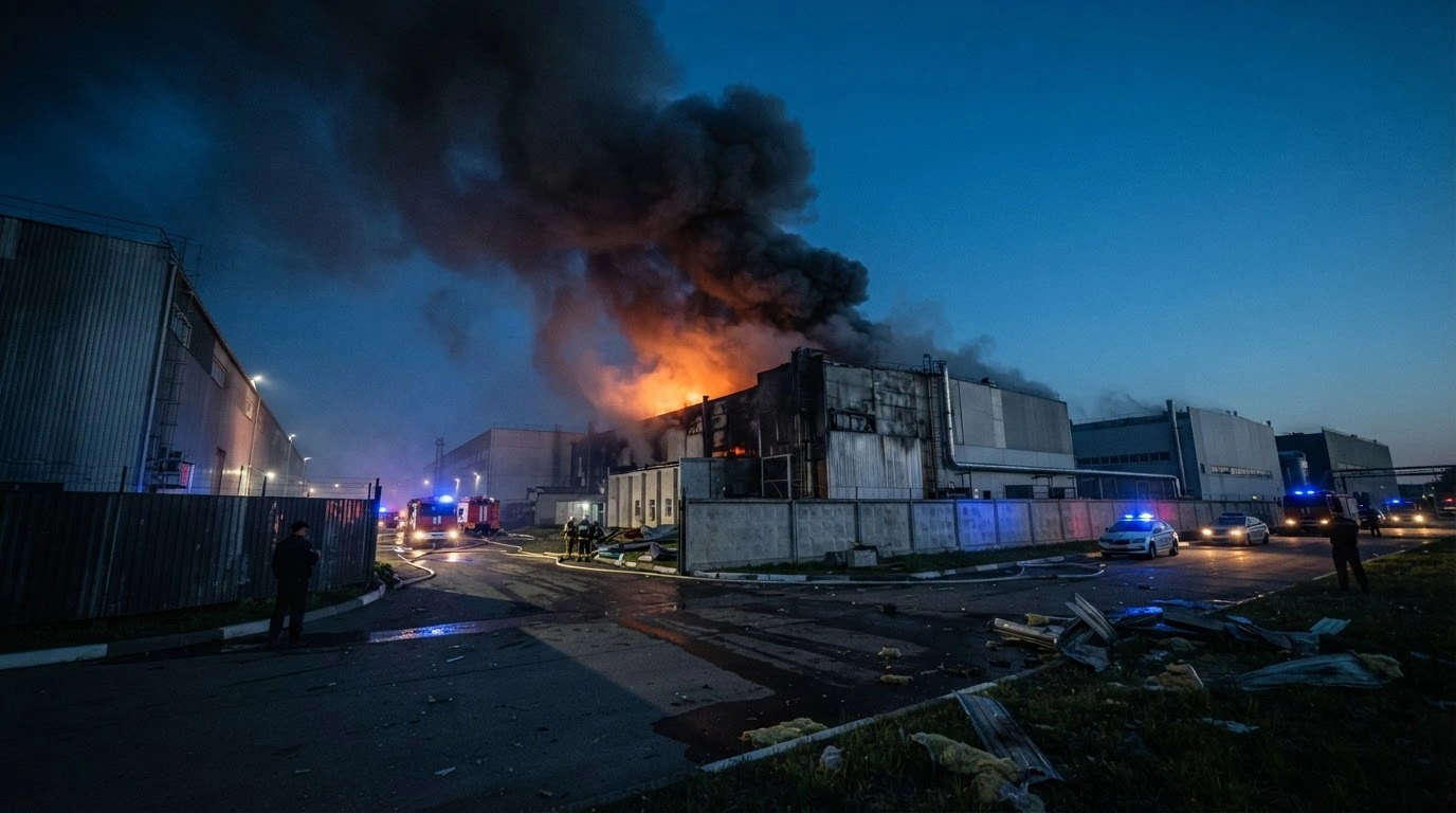 A large fire burns at a Sberbank data center in Balakovo, Russia, following a reported drone attack.