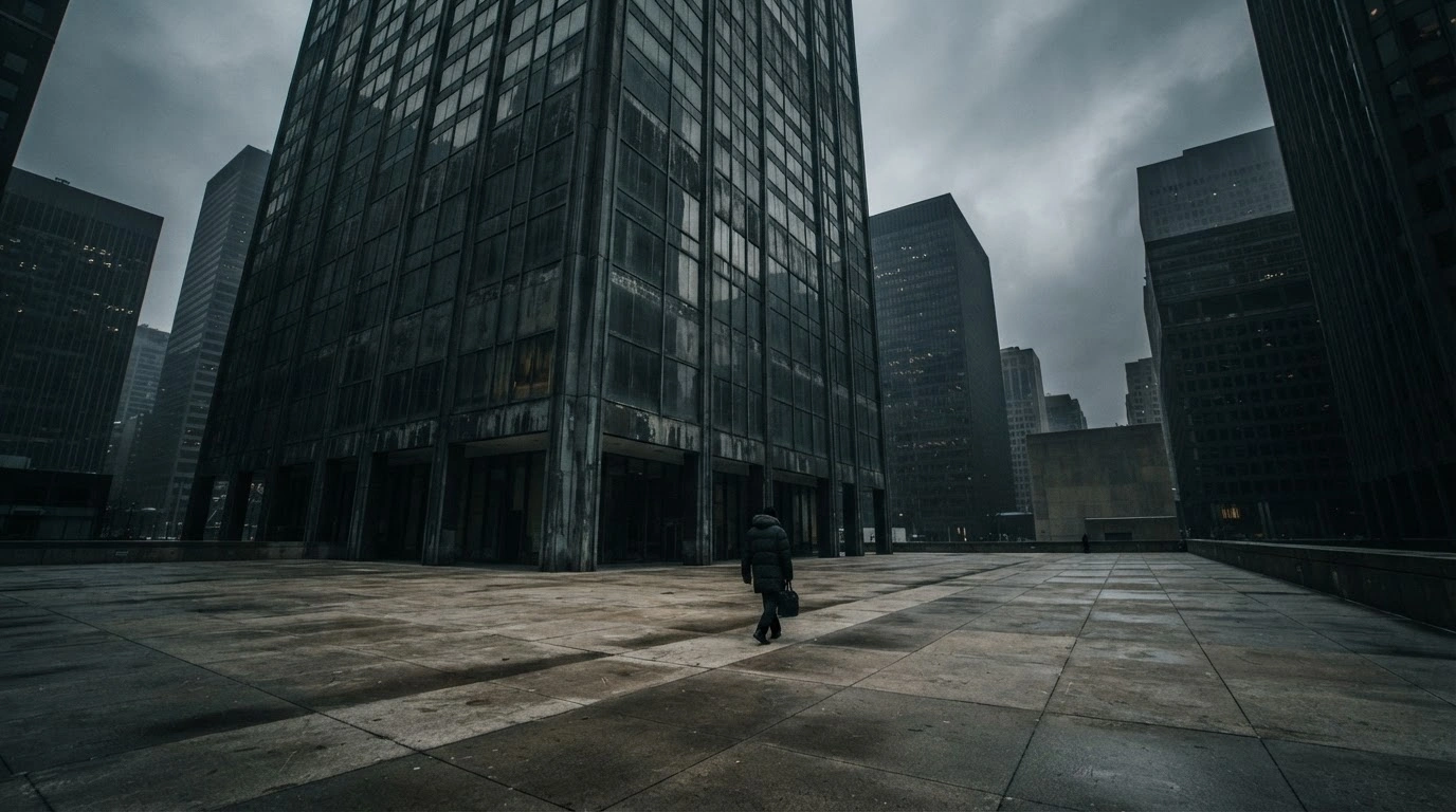 A towering office building in a financial district represents the economic uncertainty and lowered GDP growth forecasts reported by Sberbank.
