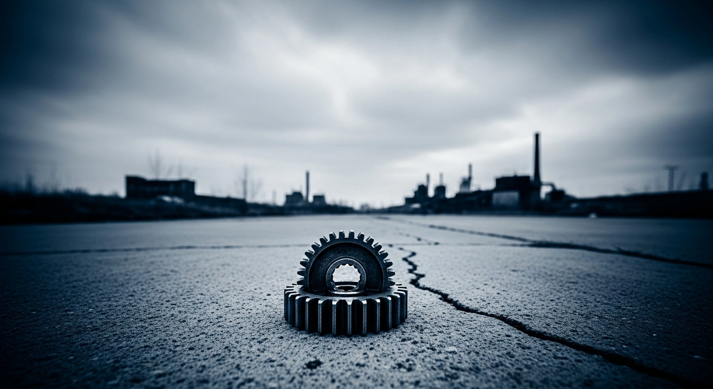 A weathered steel gear rests on cracked concrete in a desolate industrial landscape, representing the Sberbank forecast of near-zero GDP growth for the Russian Federation.