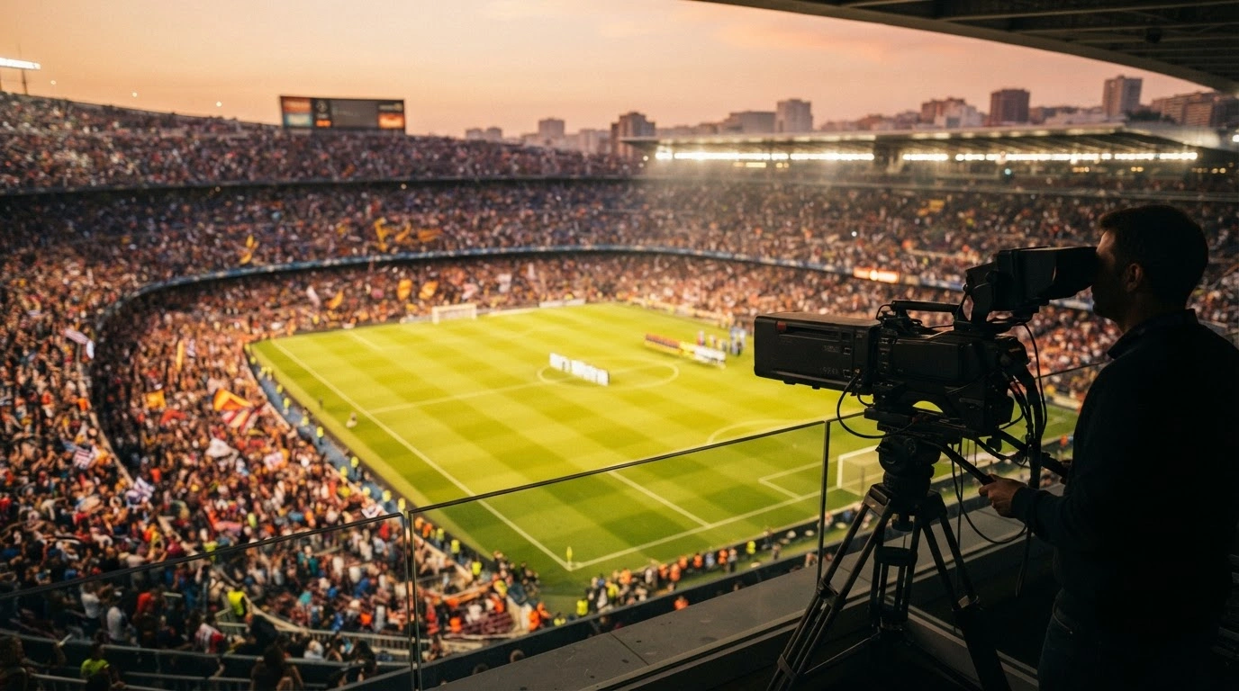 A professional broadcast camera overlooks a large football stadium during a major tournament match to represent SBS securing the rights to the 2030 FIFA World Cup.
