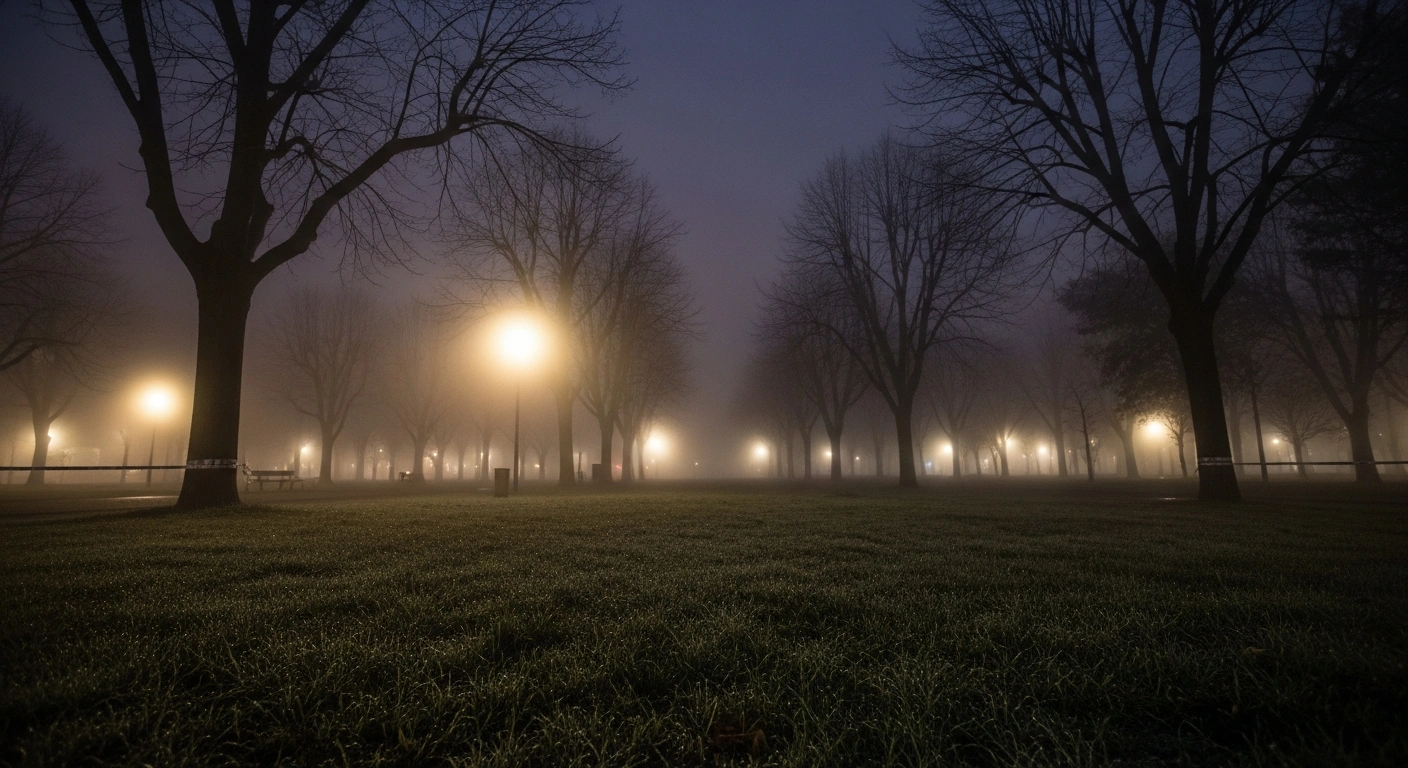 A desolate public park near Florence, Italy, shrouded in early morning fog with a single flickering streetlamp, hinting at the discovery of a decapitated body and the launch of a murder investigation.