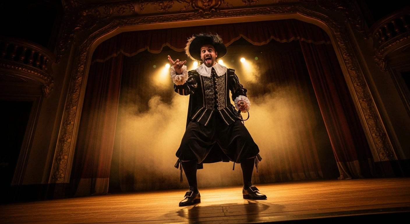 An actor performs as the trickster Scapin in a theatrical production of Molière's comedy at the Théâtre des Muses in Monaco.