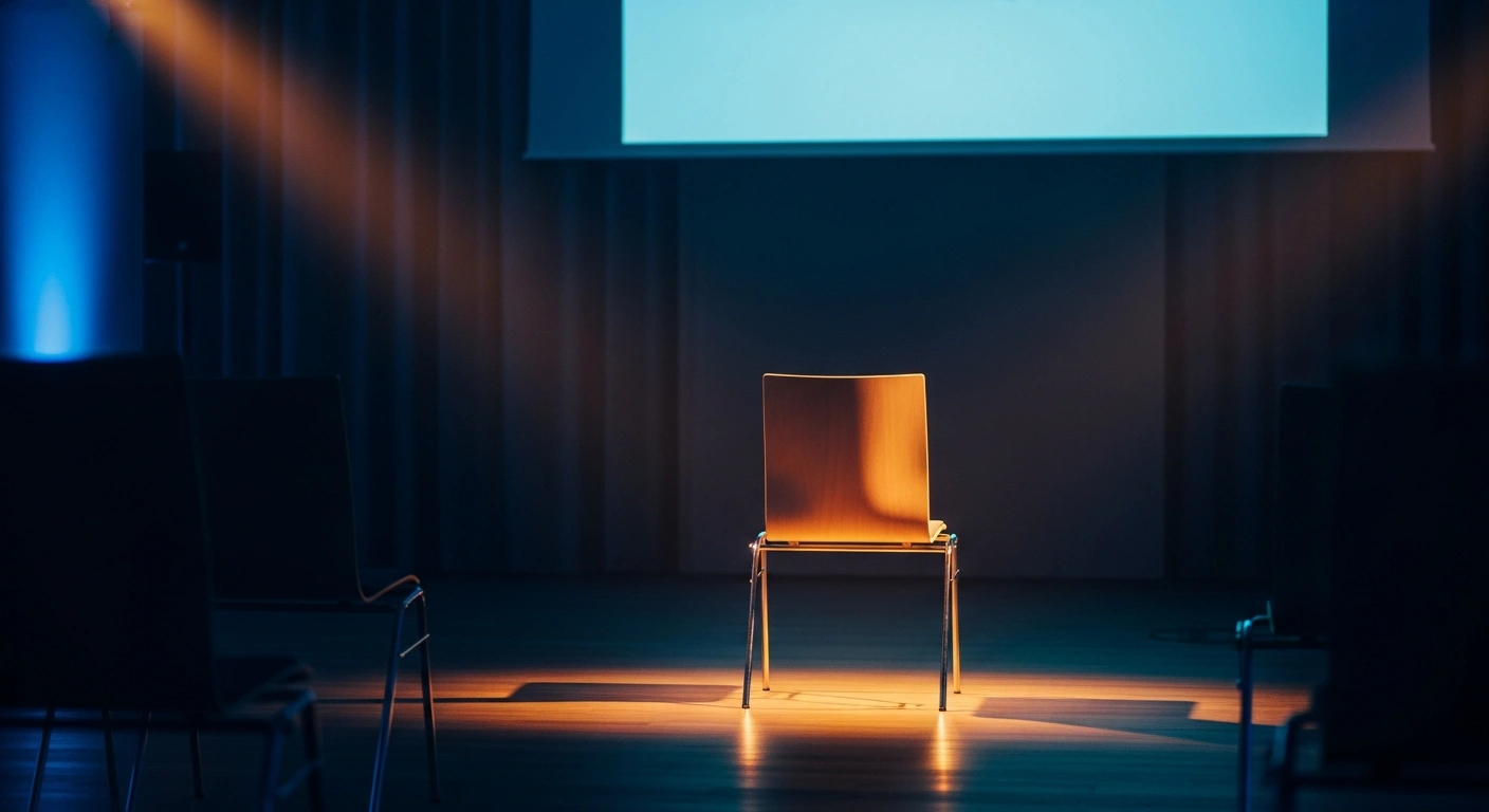An empty chair sits in a dimly lit hall in Schaan, Liechtenstein, prepared for a public screening and discussion about domestic violence awareness.