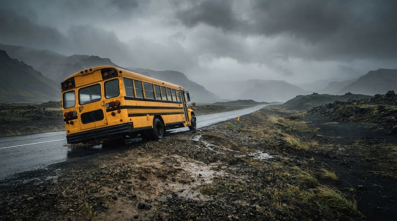 A yellow school bus is parked on the side of a road in East Iceland during a severe windstorm to avoid being blown over.