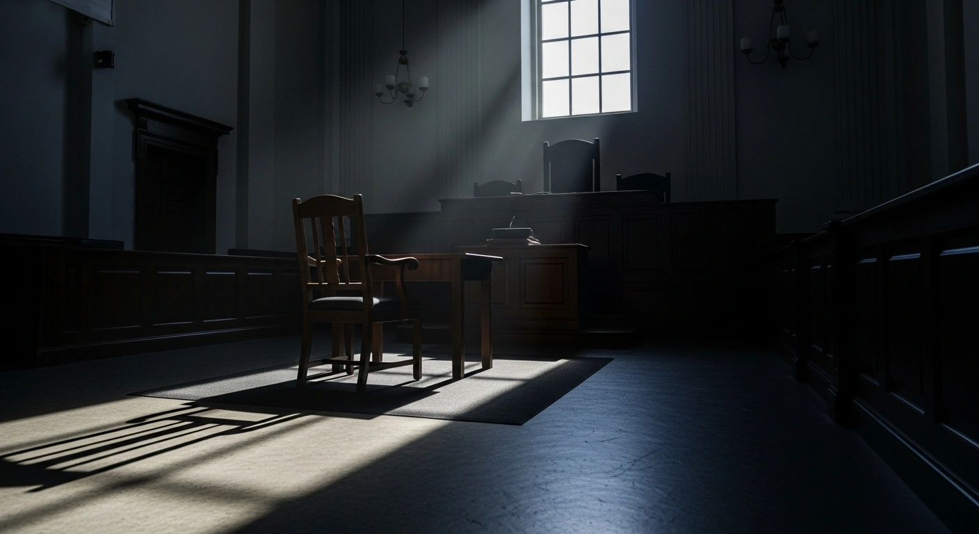 A stark, empty courtroom with a single, spotlit, ornate wooden chair in the foreground and a towering, dark judge's bench in the background, symbolizing the absentia sentencing of political commentator Yekaterina Schulmann to prison for violating Russia's 'foreign agent' law.