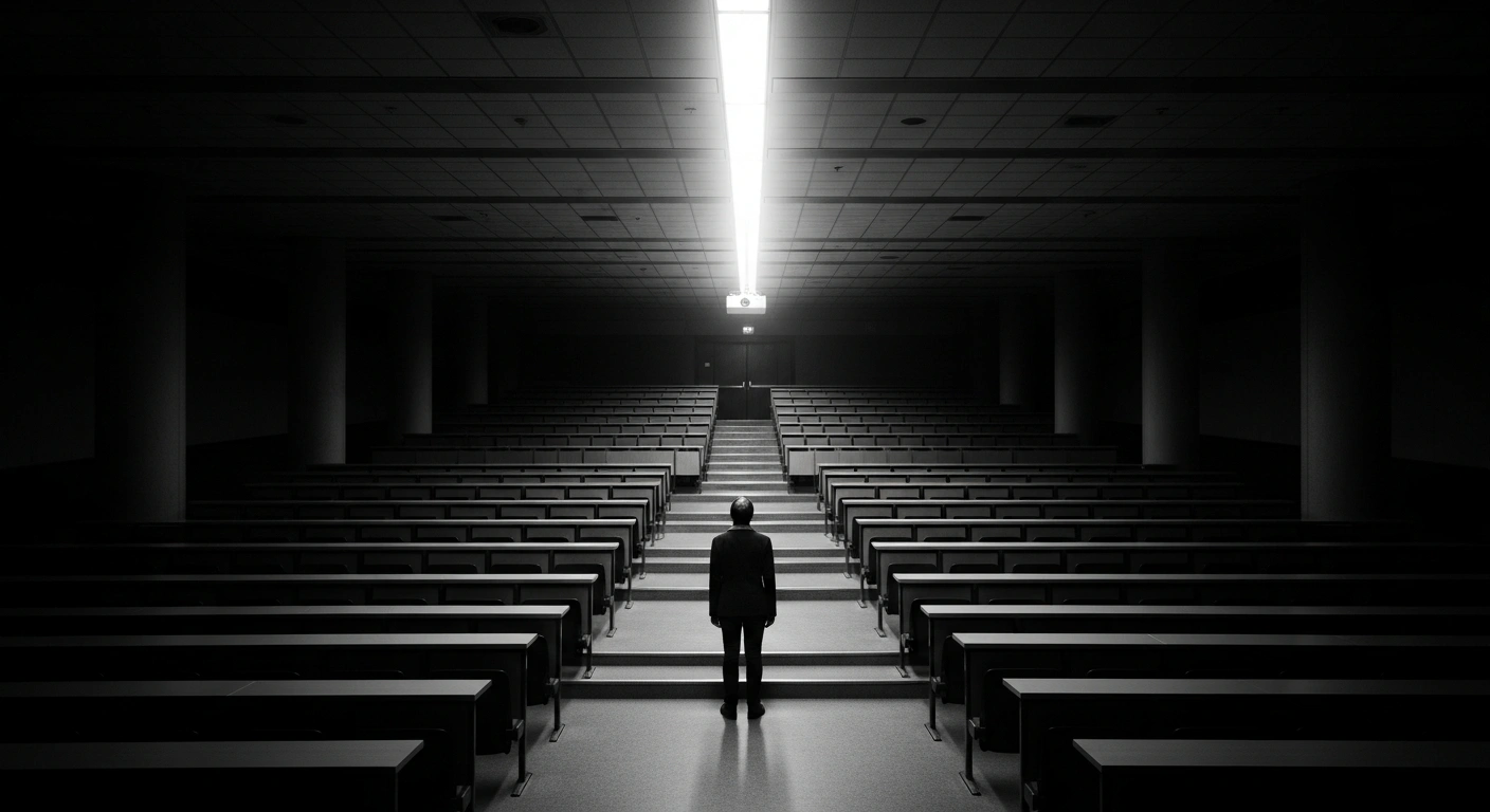 A lone figure stands in a vast, sterile university lecture hall under harsh overhead lighting, casting a long silhouette towards empty seats, symbolizing the detention of a prominent scientist like Guo Wei from Jiangsu University of Science and Technology over academic misconduct and misuse of state research funds, raising concerns about research integrity.